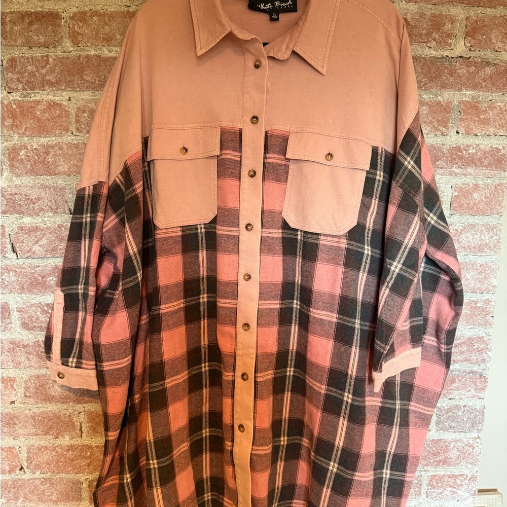 White Birch Women's Pink and Black Plaid Button Down Shirt